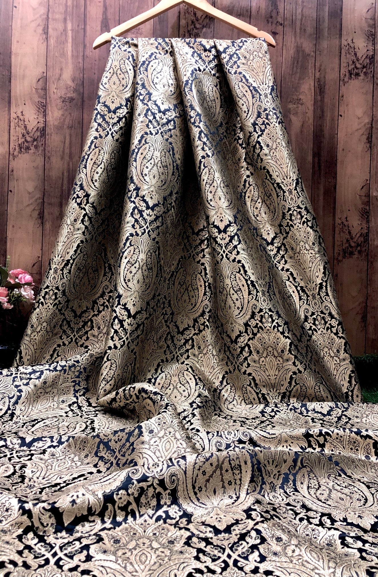 Indian Brocade fabric Jacquard damask fabric Black Gold fabric Wedding bridal fabric Luxury dress fabric Upholstery fabric by the yard