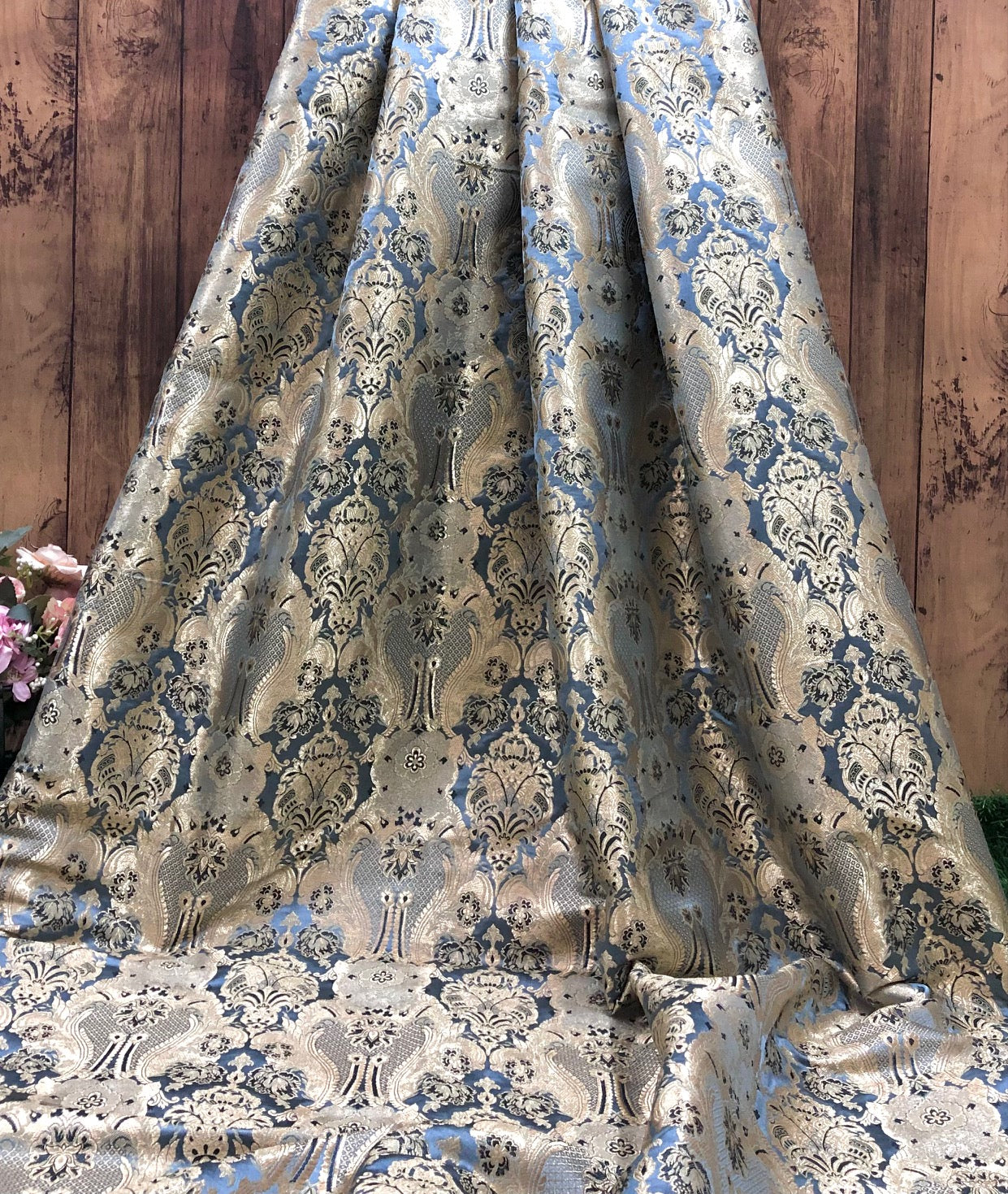 Indian Brocade fabric Jacquard damask fabric Gray Gold fabric Wedding bridal fabric Luxury dress fabric Upholstery fabric by the yard