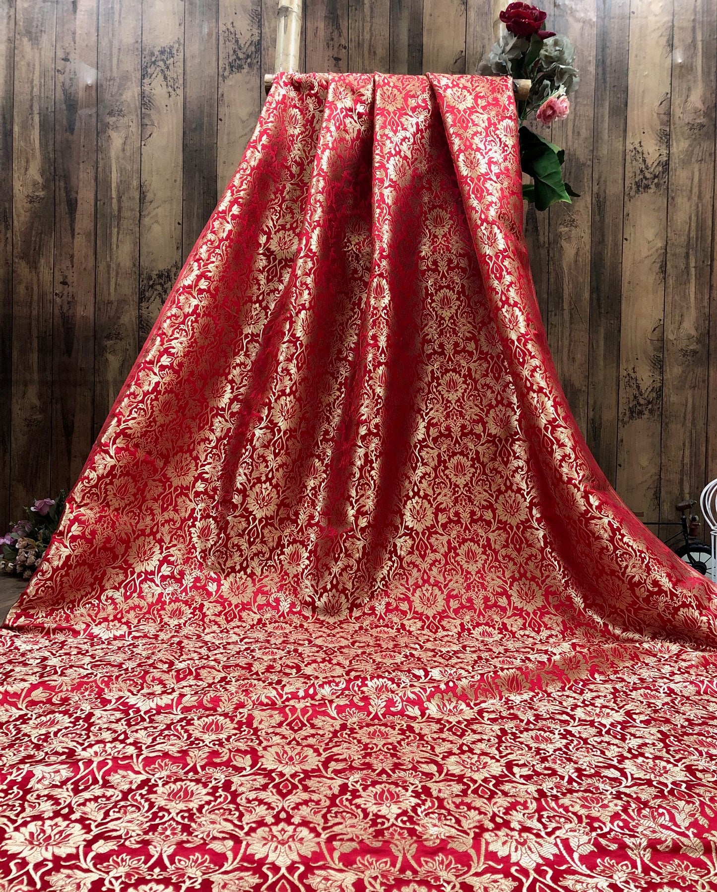 Brocade fabric Jacquard damask fabric Red Gold brocade Wedding bridal Dress fabric Silk Brocade Home Decor Upholsery Fabric By the Yard