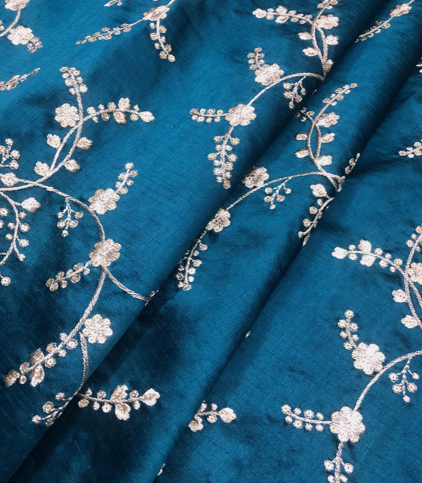 Peacock blue and silverfish gold embroidered fabric, Wedding dress, Bridesmaid dress, Embroidery design, Thread embroidery, Fabric store - NFAF1087