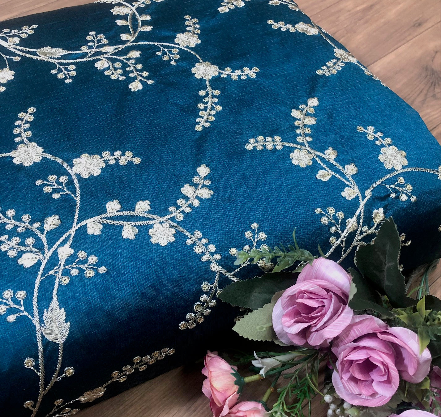Peacock blue and silverfish gold embroidered fabric, Wedding dress, Bridesmaid dress, Embroidery design, Thread embroidery, Fabric store - NFAF1087