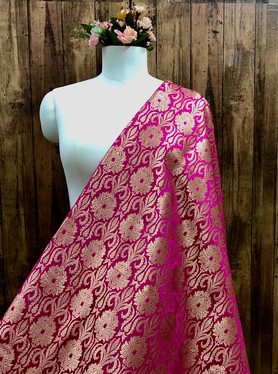 Banarsi brocade fabric, Hot pink gold Jacquard fabric, Floral brocade, Wedding inspiration, Historical fabric, Rayon silk brocade, fabric by the yard/meter - NFAF124