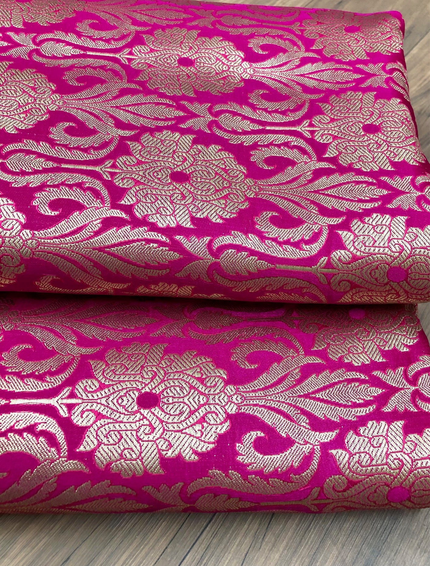 Banarsi brocade fabric, Hot pink gold Jacquard fabric, Floral brocade, Wedding inspiration, Historical fabric, Rayon silk brocade, fabric by the yard/meter - NFAF124