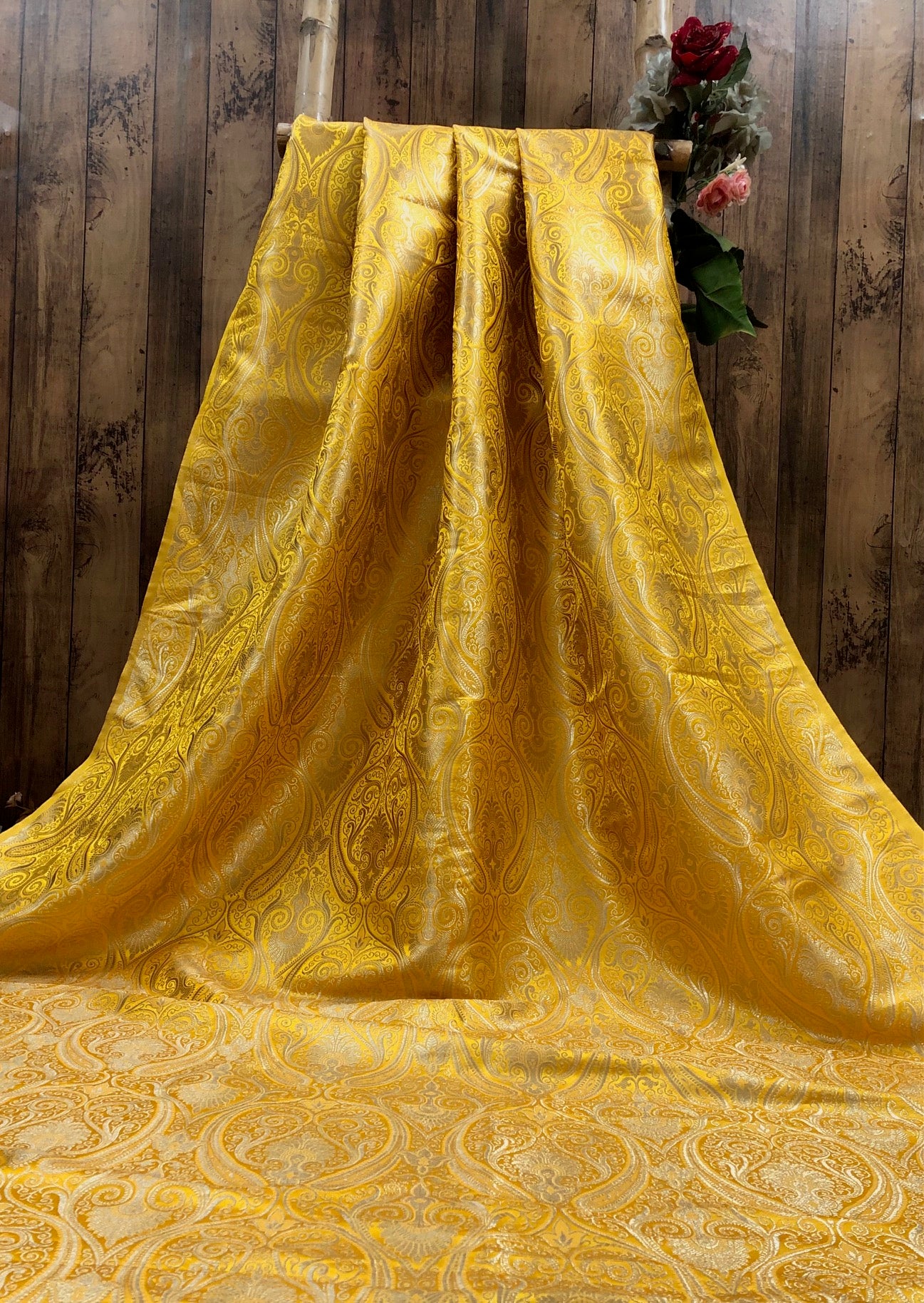 Banarasi brocade fabric Yellow gold Wedding Dress fabric Floral brocade Jacquard fabric Home Decor Upholstry Brocade Fabric by the yard