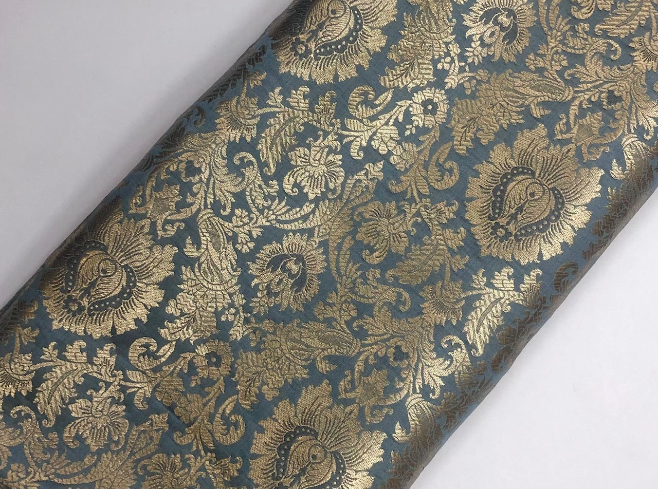 Gray Gold Brocade fabric by the yard Jacquard fabric Damask Wedding bridal fabric Indian Brocade Satin Silk brocade Home Decor Fabric