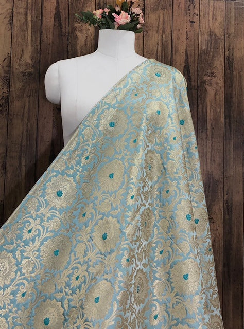 Brocade fabric Grayish Blue Gold Jacquard Damask Rayon Silk brocade Fabric Wedding Bridal High Grade Designer fabric by the yard Material