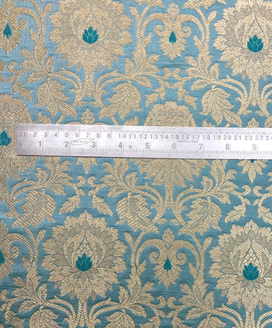 Brocade fabric Grayish Blue Gold Jacquard Damask Rayon Silk brocade Fabric Wedding Bridal High Grade Designer fabric by the yard Material