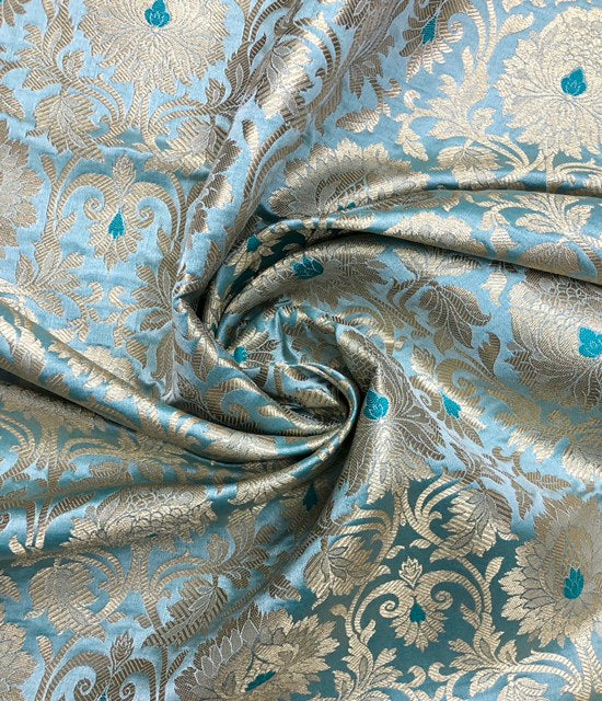 Brocade fabric Grayish Blue Gold Jacquard Damask Rayon Silk brocade Fabric Wedding Bridal High Grade Designer fabric by the yard Material