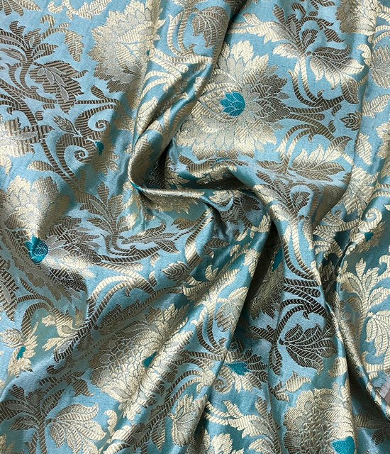 Brocade fabric Grayish Blue Gold Jacquard Damask Rayon Silk brocade Fabric Wedding Bridal High Grade Designer fabric by the yard Material