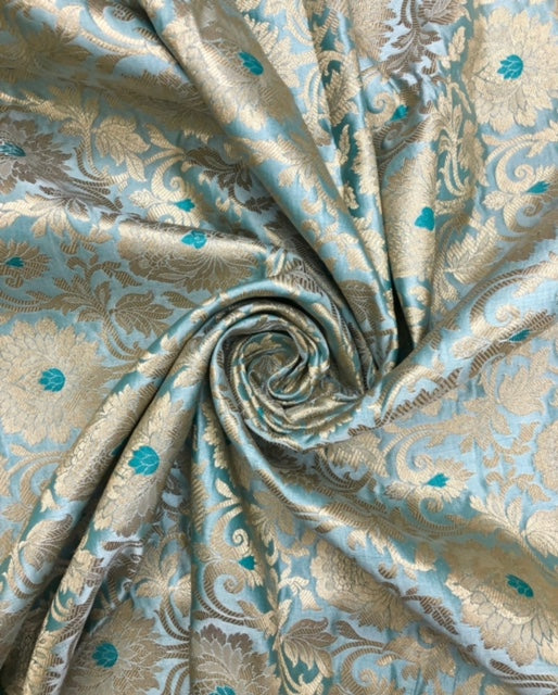 Brocade fabric Grayish Blue Gold Jacquard Damask Rayon Silk brocade Fabric Wedding Bridal High Grade Designer fabric by the yard Material