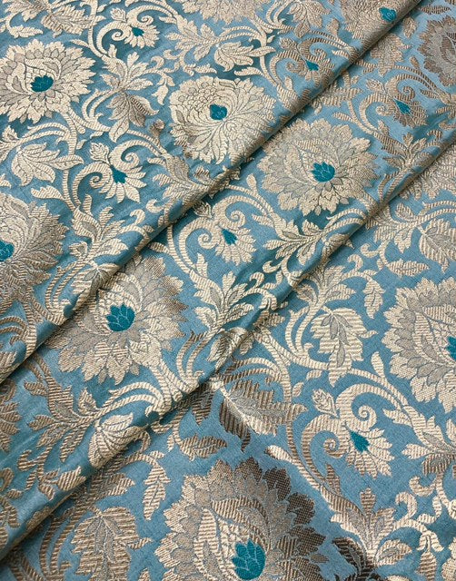 Brocade fabric Grayish Blue Gold Jacquard Damask Rayon Silk brocade Fabric Wedding Bridal High Grade Designer fabric by the yard Material