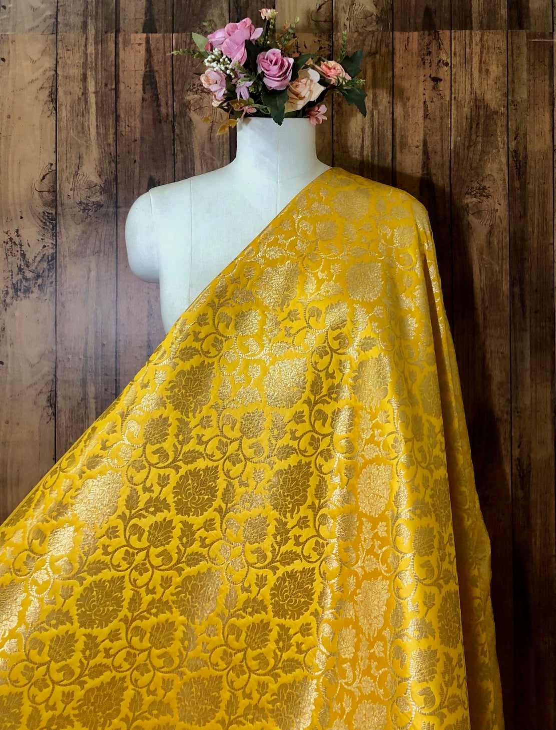 Indian Brocade Fabric Yellow & Gold brocade fabric Jacquard fabric Damask fabric Wedding dress fabric Fabric by the yard/meter -NFAF305