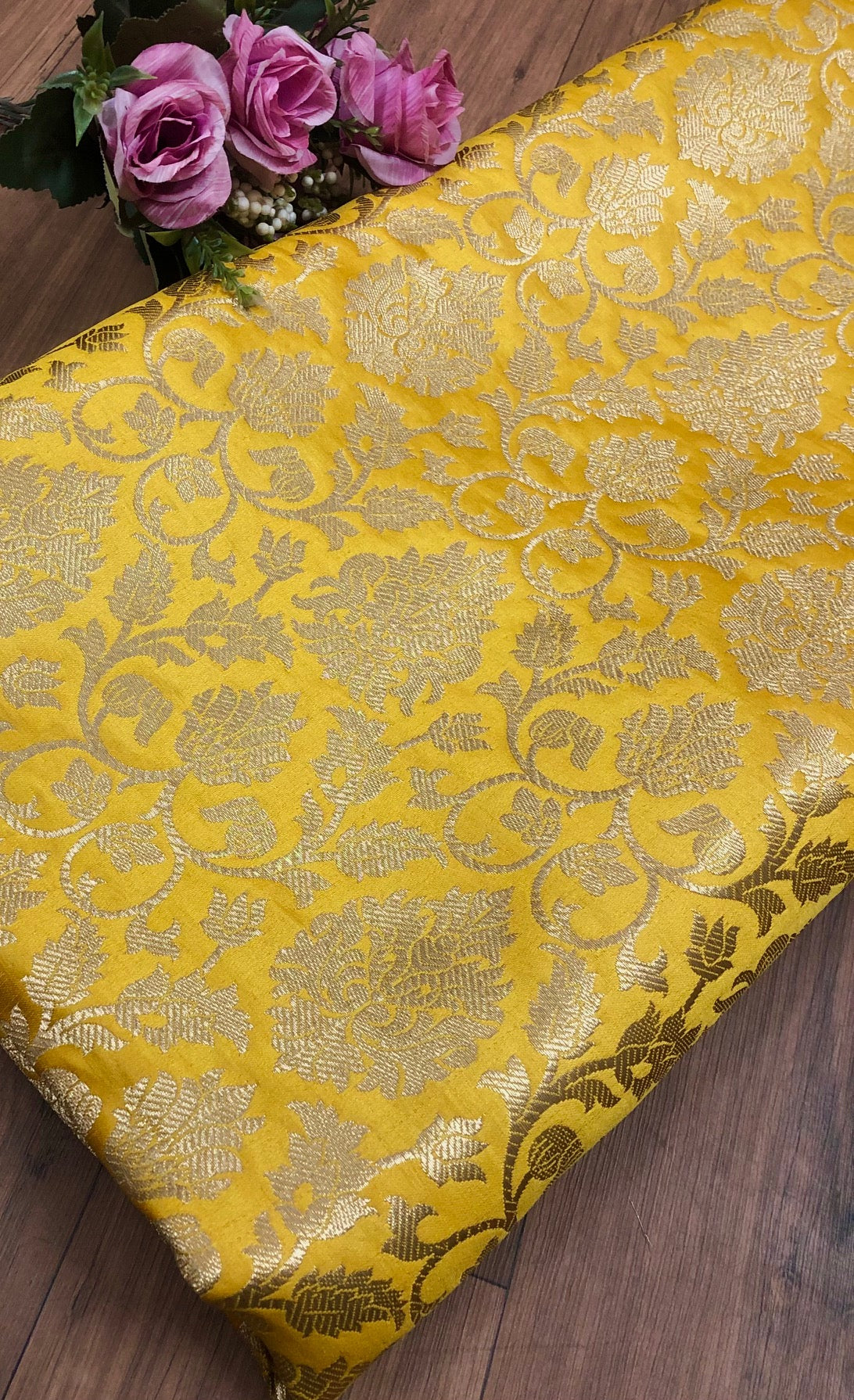 Indian Brocade Fabric Yellow & Gold brocade fabric Jacquard fabric Damask fabric Wedding dress fabric Fabric by the yard/meter -NFAF305