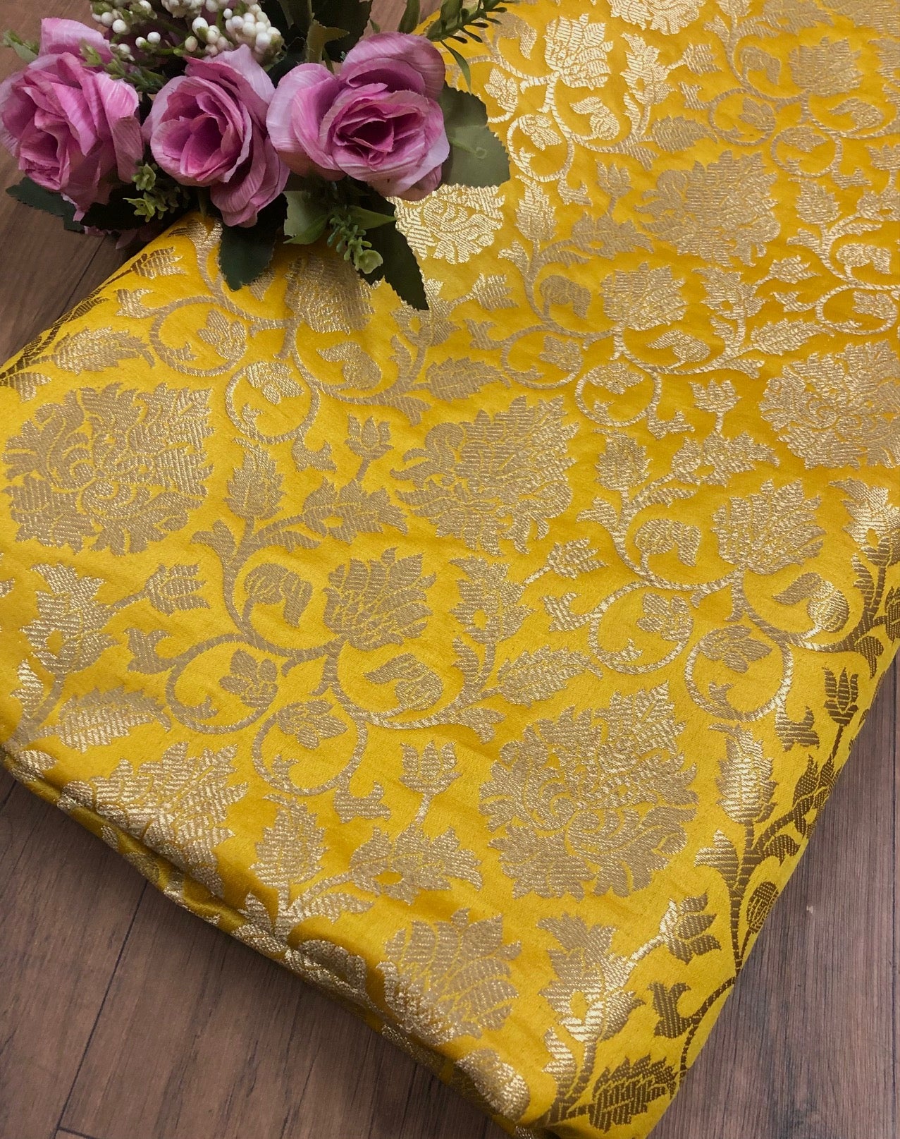 Indian Brocade Fabric Yellow & Gold brocade fabric Jacquard fabric Damask fabric Wedding dress fabric Fabric by the yard/meter -NFAF305