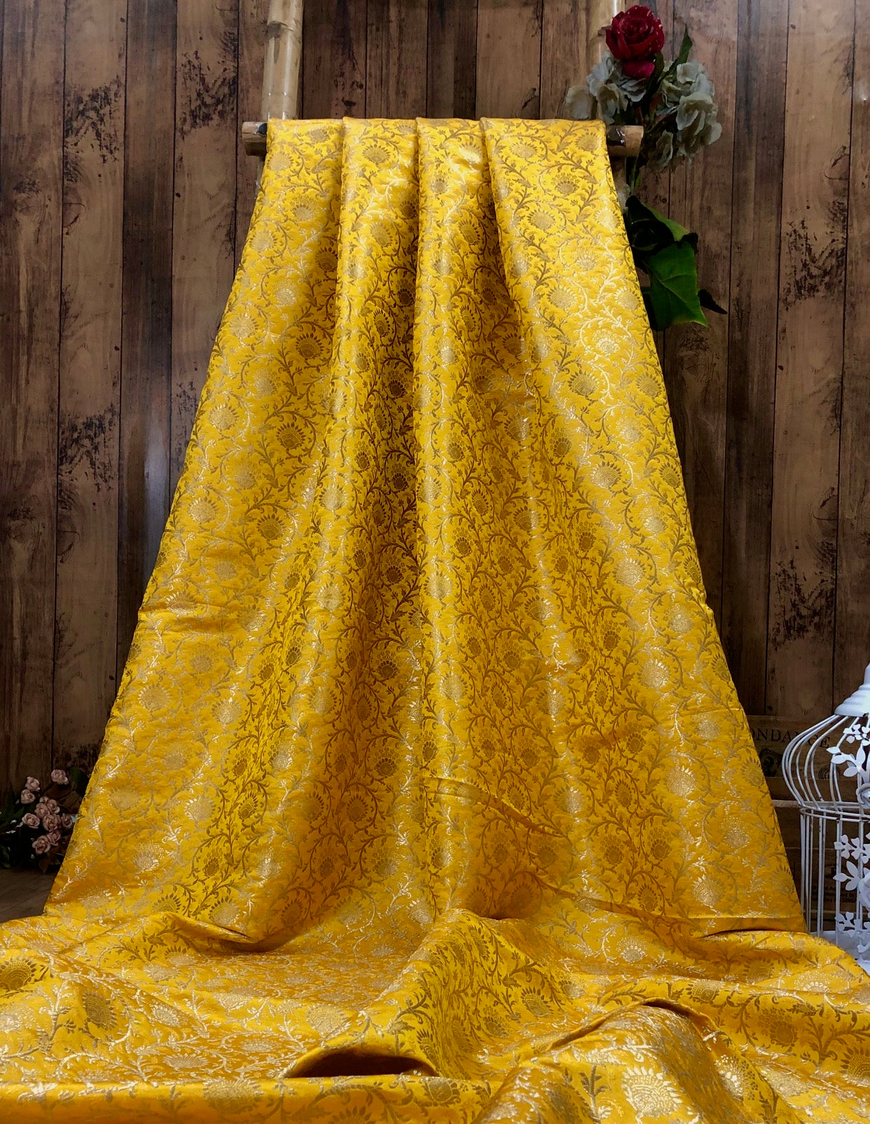 Indian Brocade Fabric Yellow & Gold Jacquard fabric Home décor fabric Wedding fabric Dress fabric Fabric by the yard/meter - NFAF331