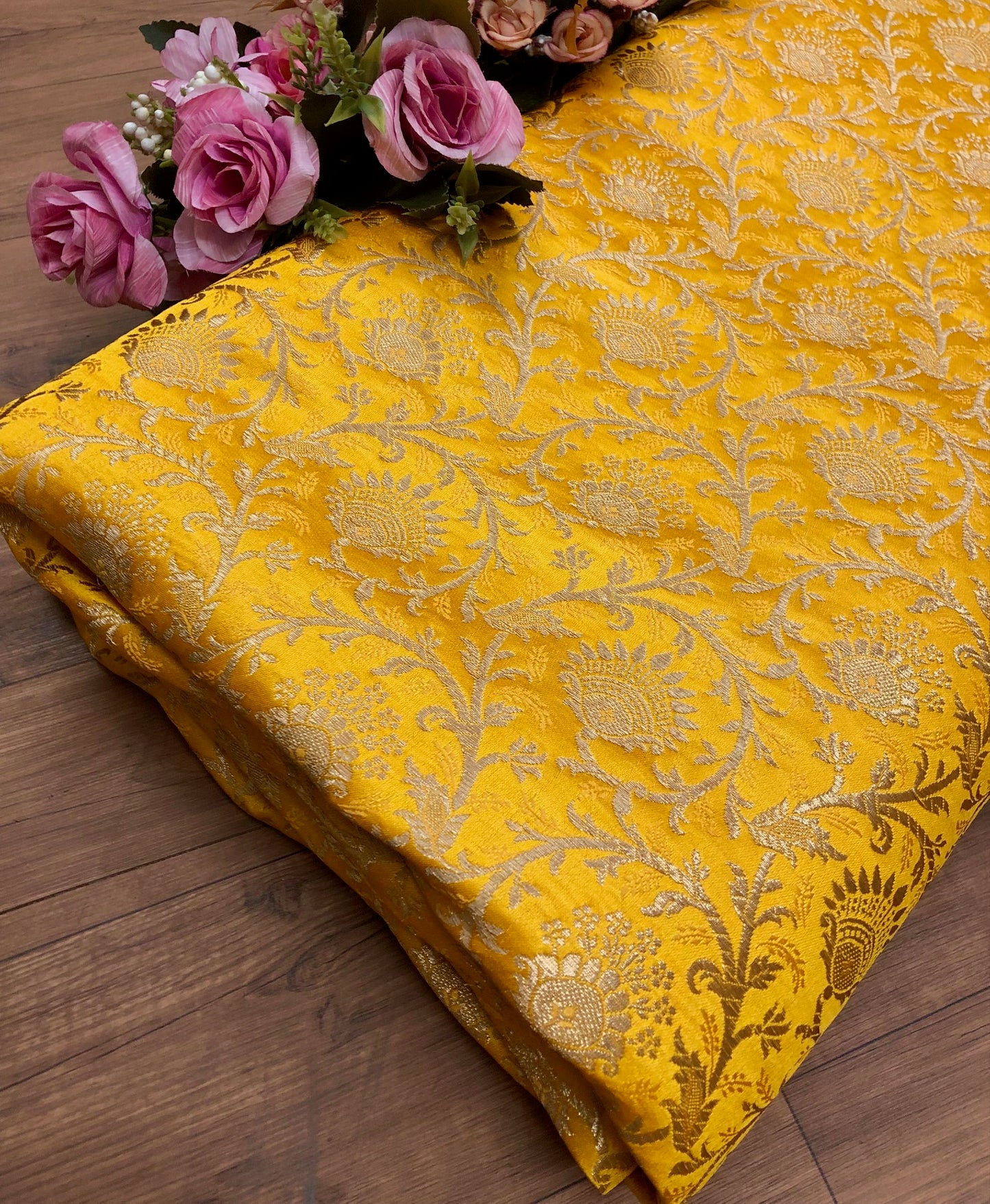 Indian Brocade Fabric Yellow & Gold Jacquard fabric Home décor fabric Wedding fabric Dress fabric Fabric by the yard/meter - NFAF331