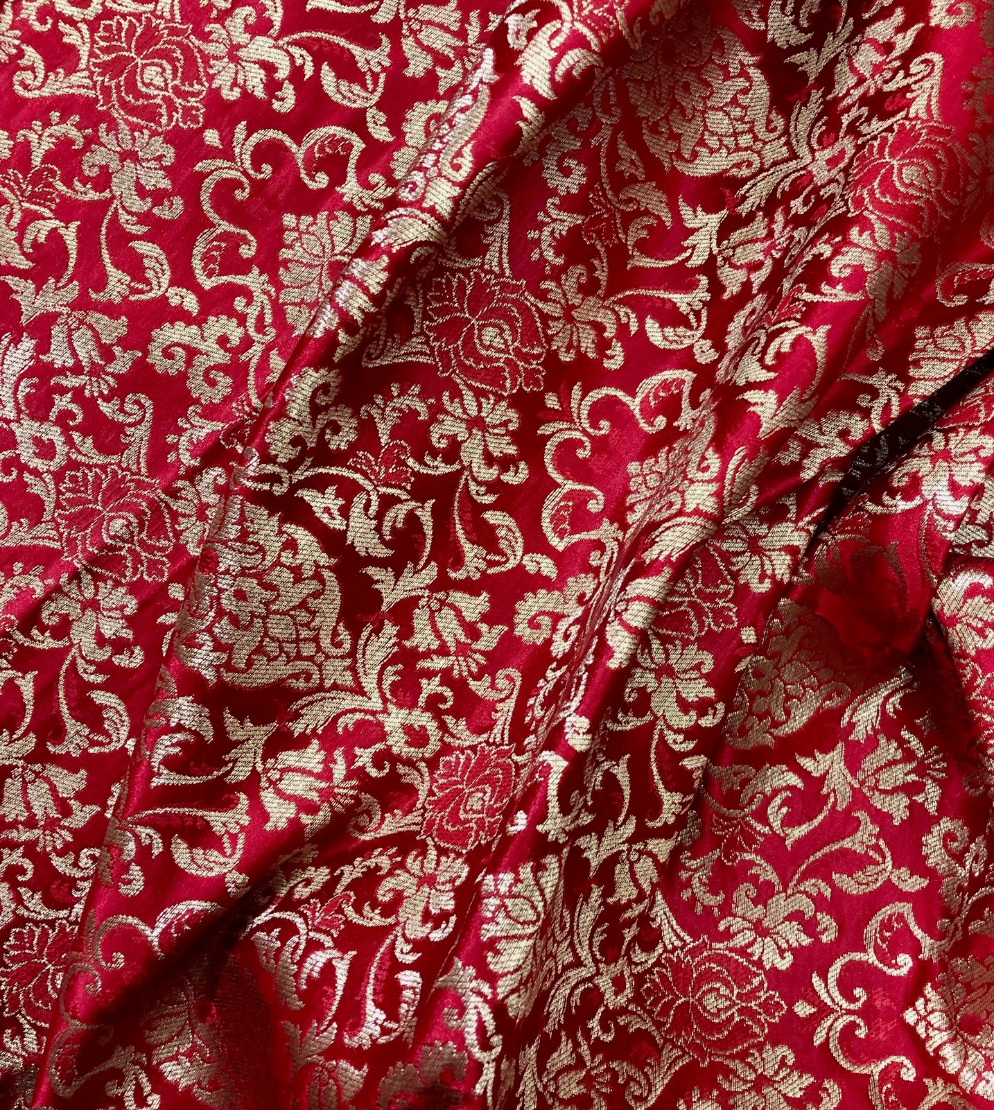 Red Gold Brocade fabric by the yard Jacquard damask fabric Wedding Bridal Dress Fabric Upholstery Silk Brocade Fabric by the yard- NFAF359