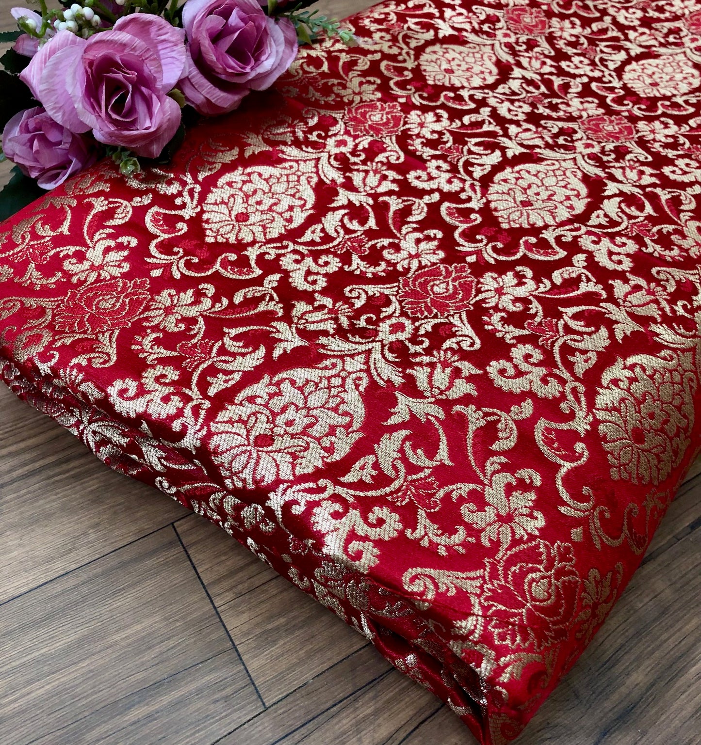 Red Gold Brocade fabric by the yard Jacquard damask fabric Wedding Bridal Dress Fabric Upholstery Silk Brocade Fabric by the yard- NFAF359
