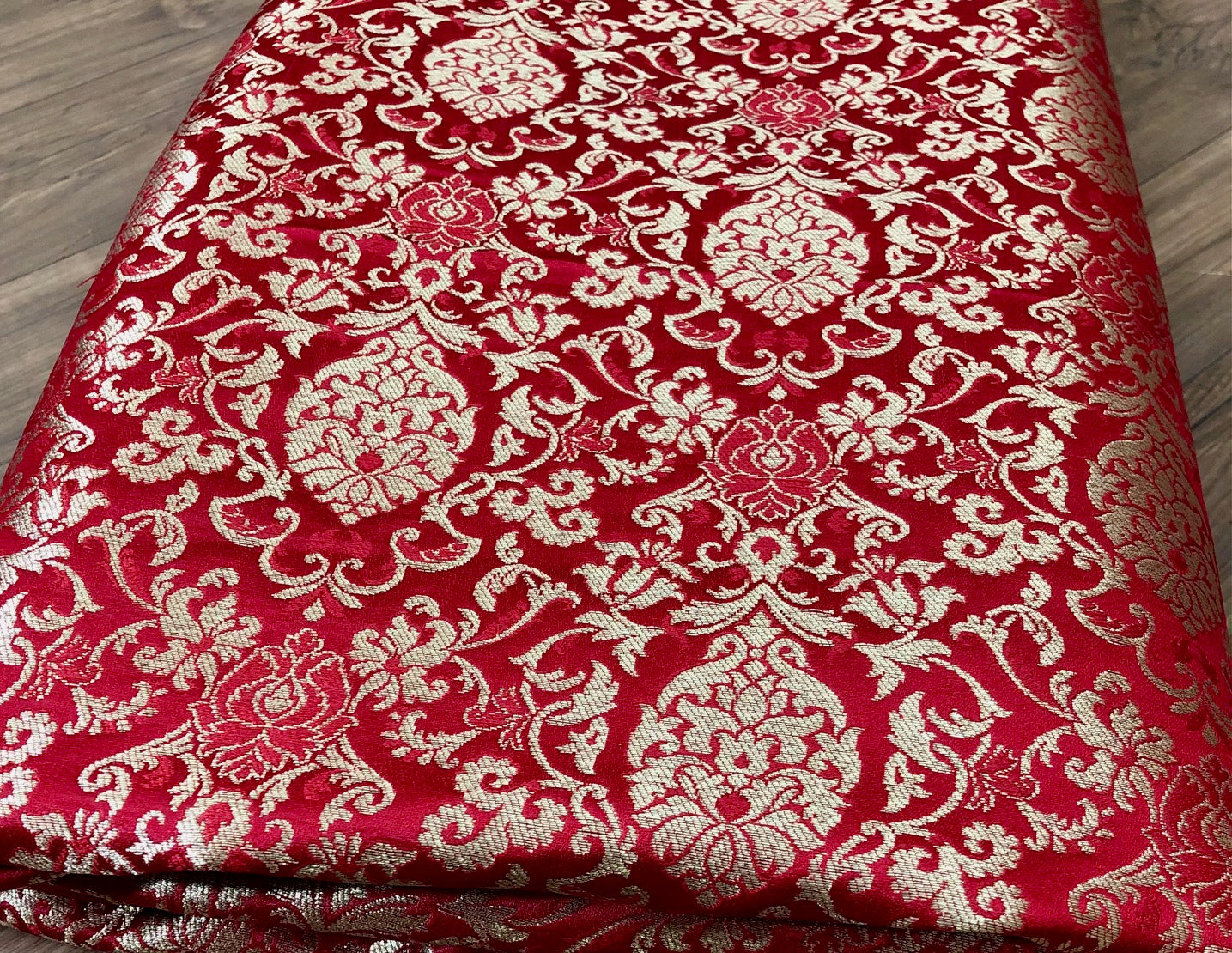 Red Gold Brocade fabric by the yard Jacquard damask fabric Wedding Bridal Dress Fabric Upholstery Silk Brocade Fabric by the yard- NFAF359