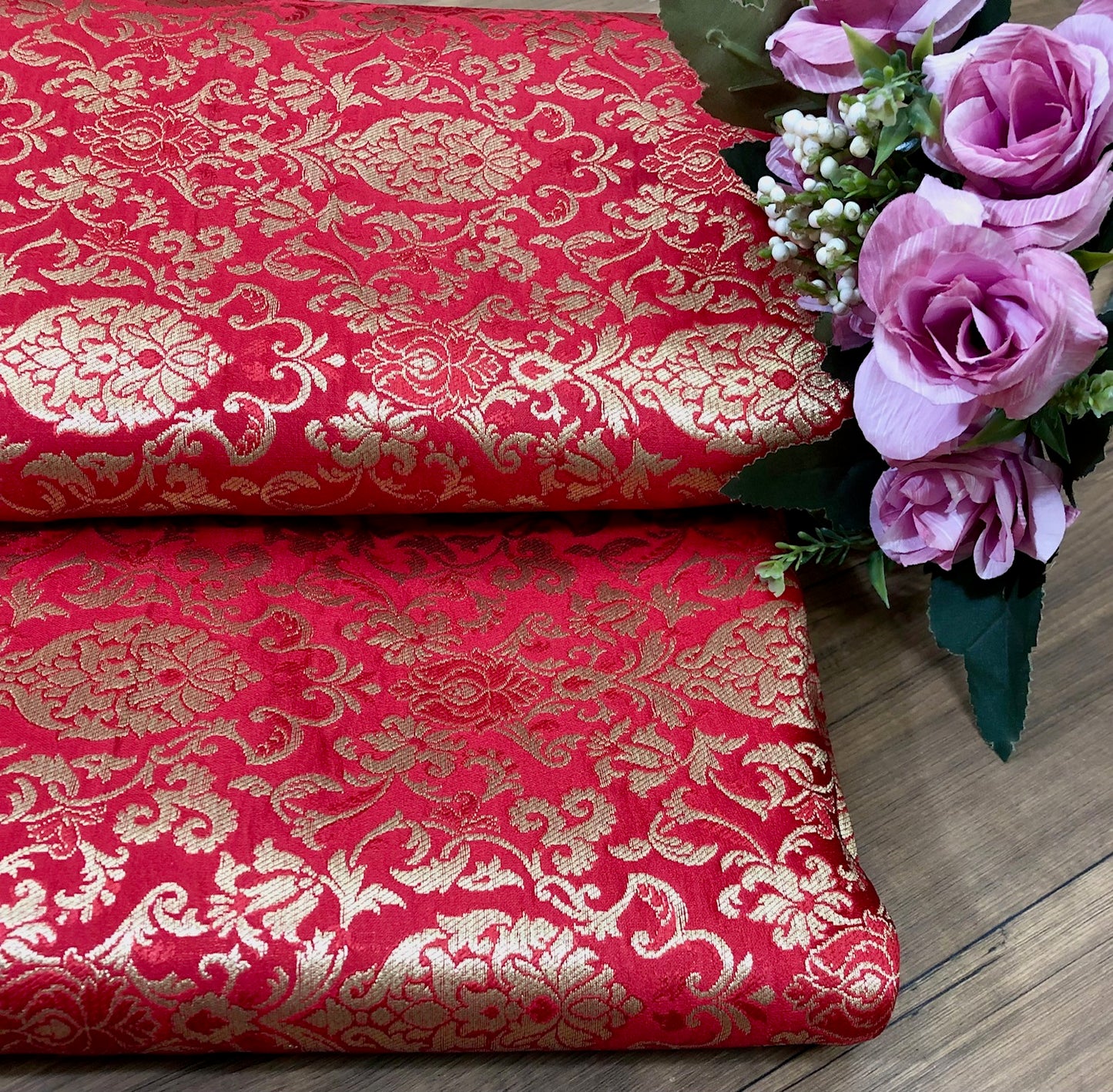 Red Gold Brocade fabric by the yard Jacquard damask fabric Wedding Bridal Dress Fabric Upholstery Silk Brocade Fabric by the yard- NFAF359