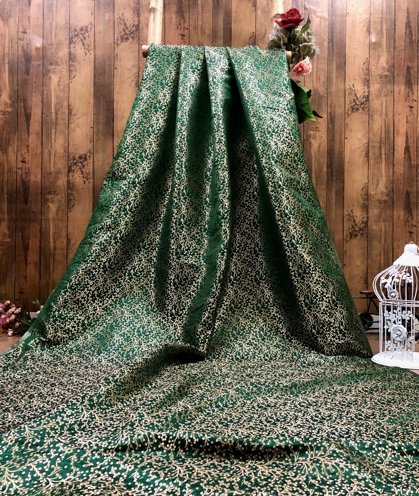 Jacquard Brocade Fabric Home Decor fabric Green Gold Christmas Fabric Wedding Indian Dress Brocade Upholstery fabric by the yard - NFAF444