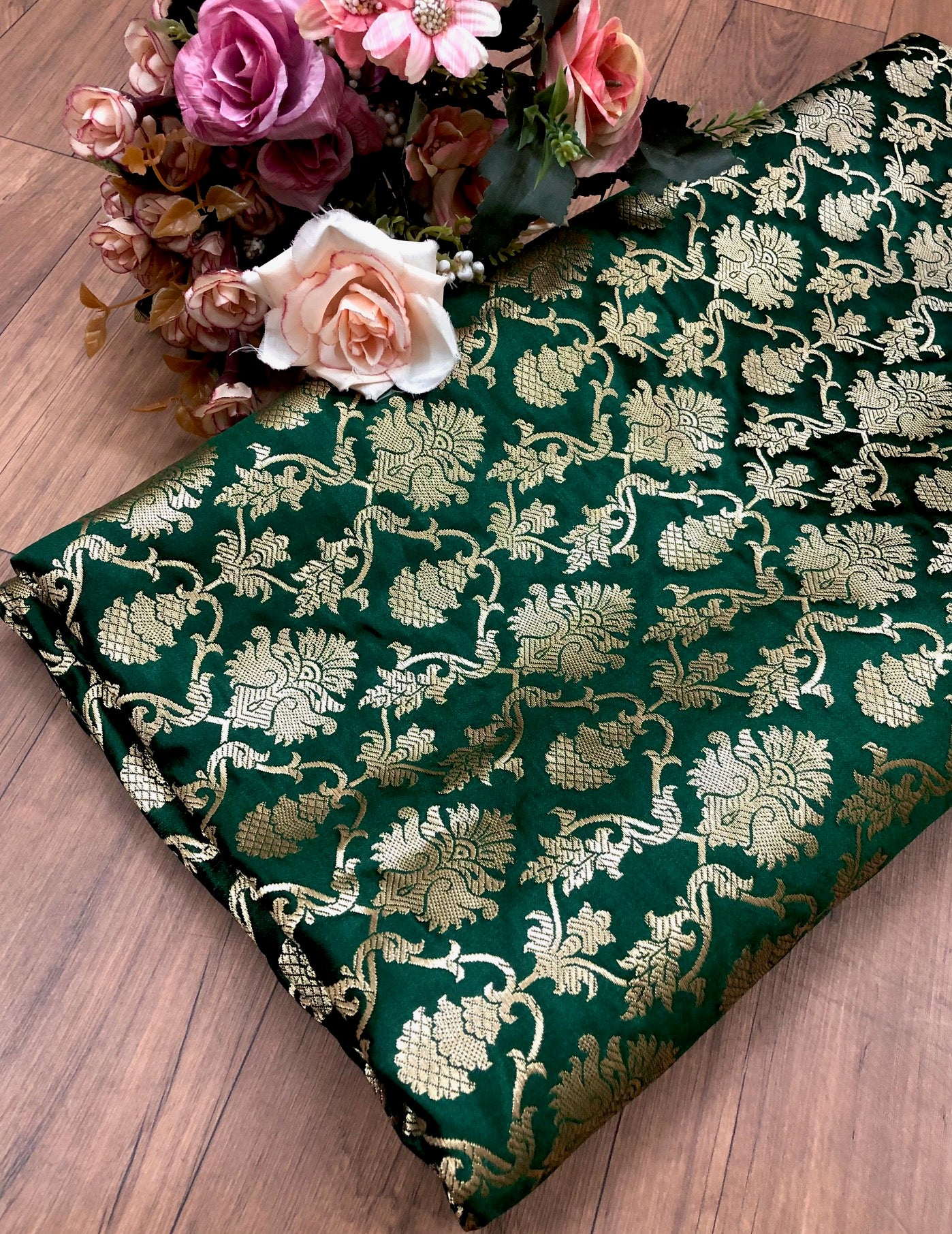 Brocade fabric Jacquard damask fabric Green Gold Upholstery fabric Wedding Bridal Dress fabric Indian Silk dress Brocade Fabric by the yard