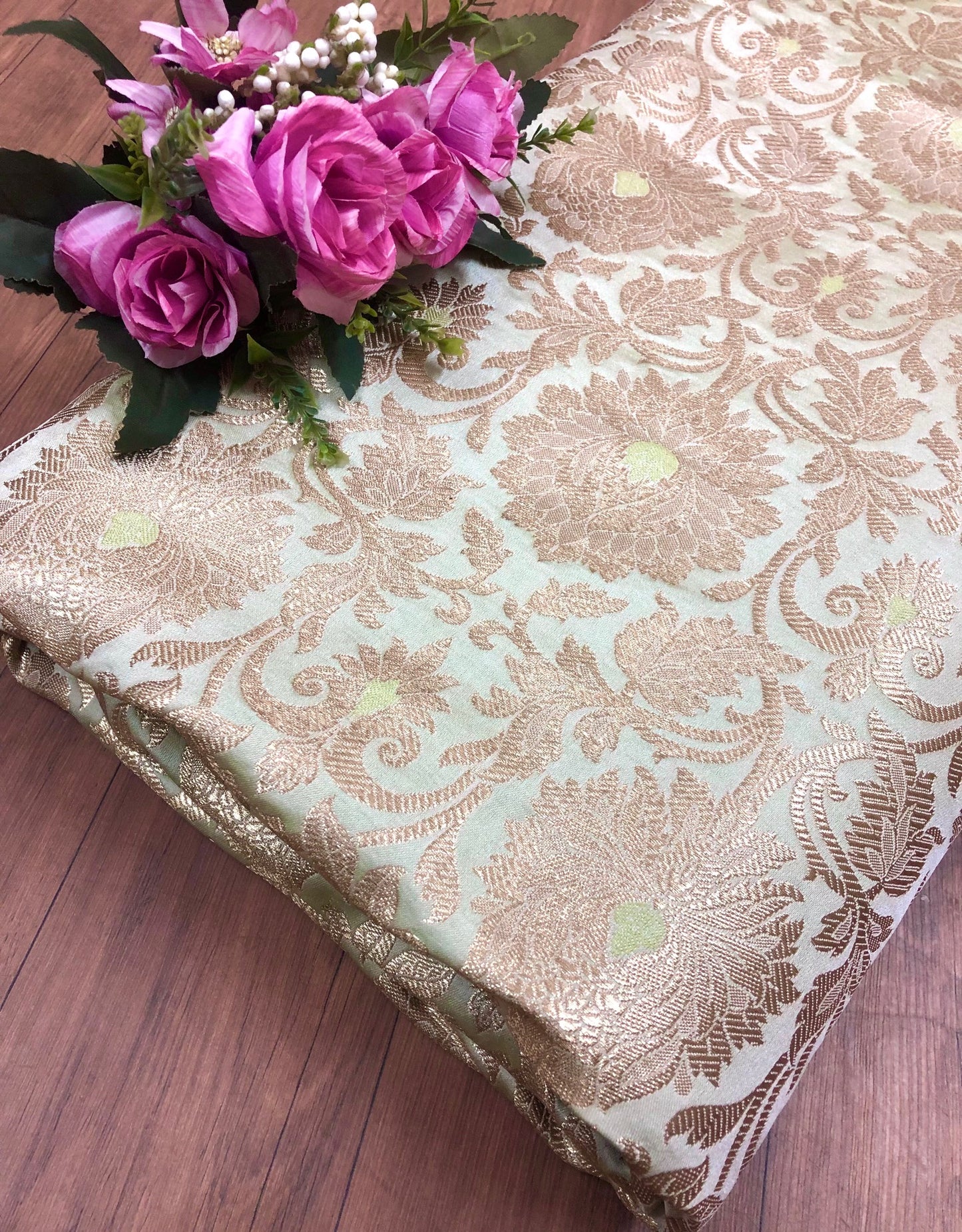 Banarasi brocade fabric, Green gold Jacquard fabric, Wedding fabric, Rayon silk brocade, Gold fabric, Fabric by the yard - NFAF905