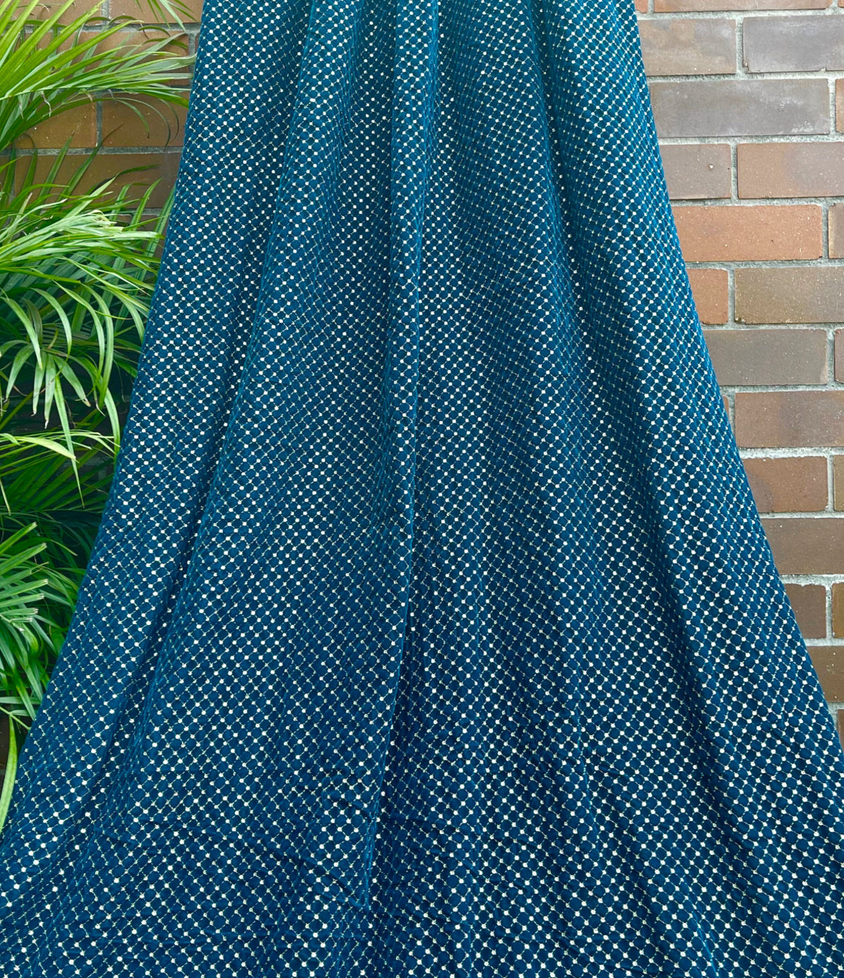 Greenish Blue embroidered velvet fabric, Embroidered Stretch fabric, Haute couture, Embroidery design, Luxury fabric, Bridesmaid dress - VLTF908