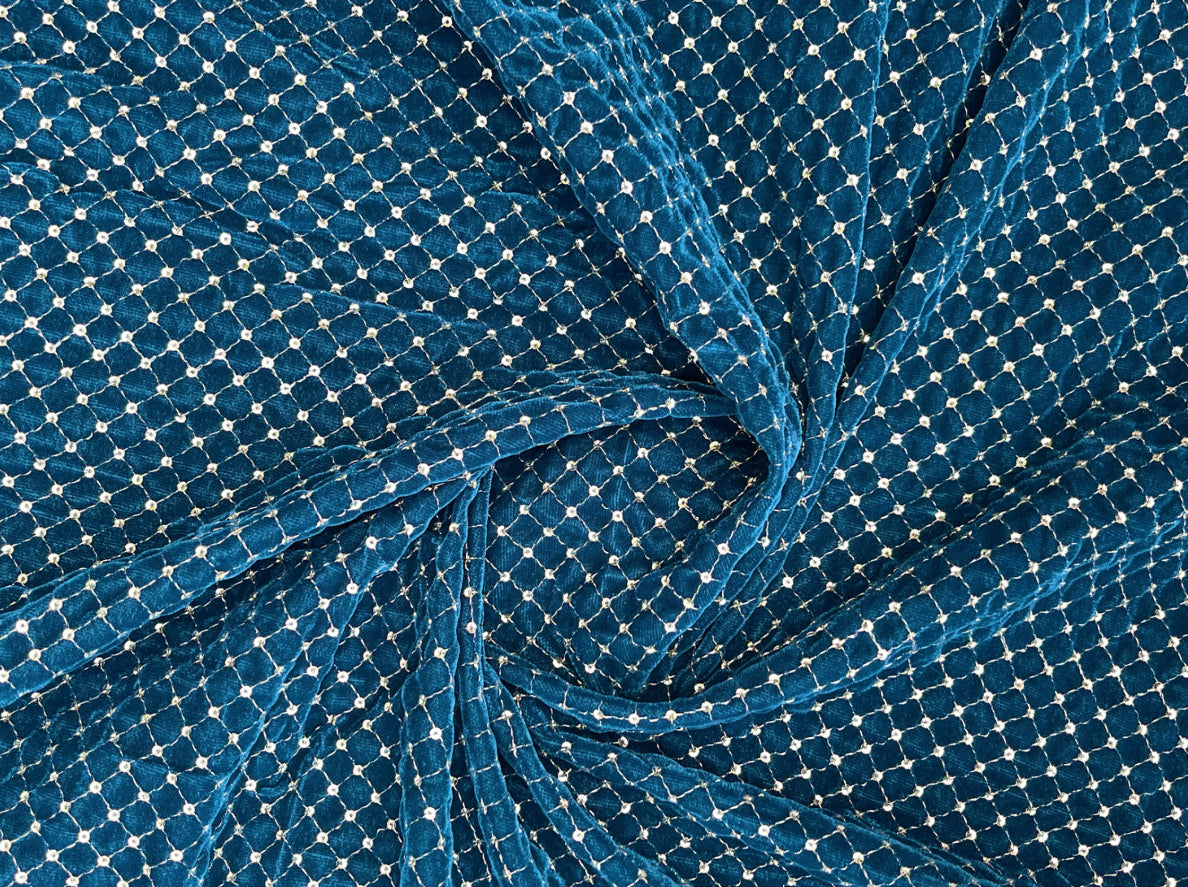 Greenish Blue embroidered velvet fabric, Embroidered Stretch fabric, Haute couture, Embroidery design, Luxury fabric, Bridesmaid dress - VLTF908