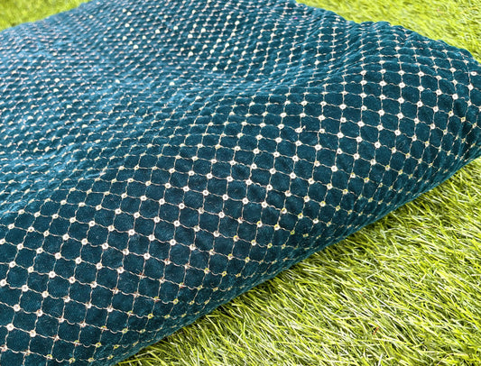 Greenish Blue embroidered velvet fabric, Embroidered Stretch fabric, Haute couture, Embroidery design, Luxury fabric, Bridesmaid dress - VLTF908