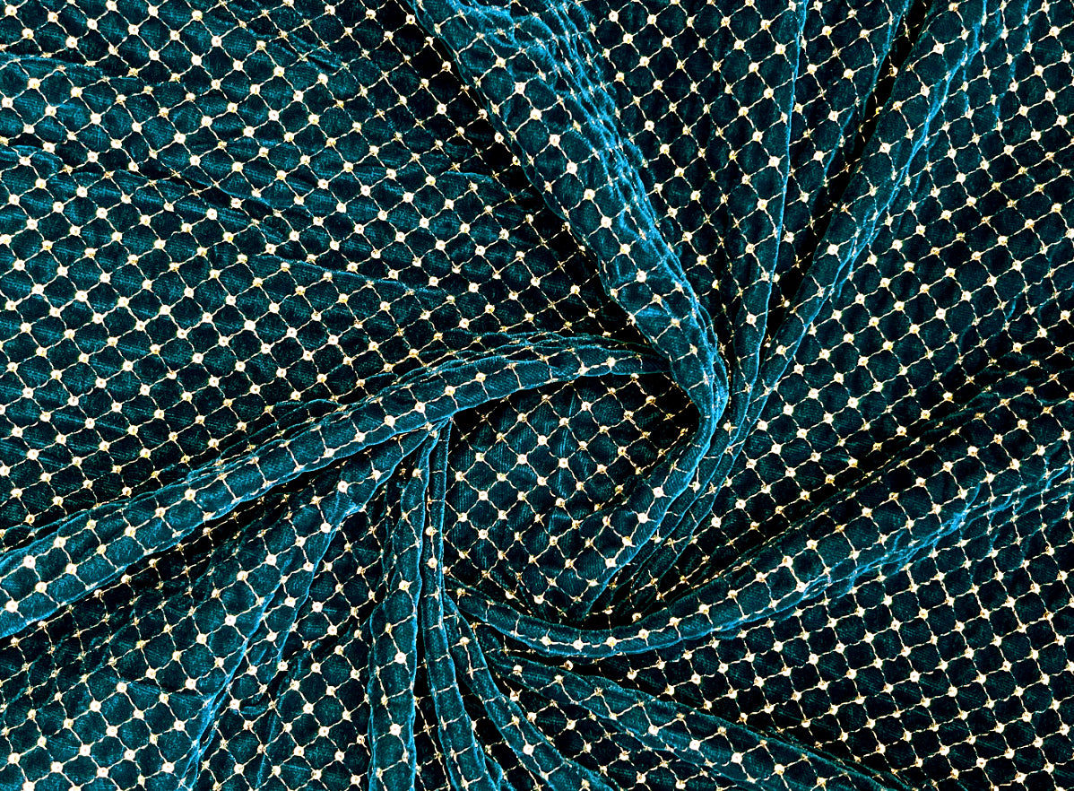 Greenish Blue embroidered velvet fabric, Embroidered Stretch fabric, Haute couture, Embroidery design, Luxury fabric, Bridesmaid dress - VLTF910