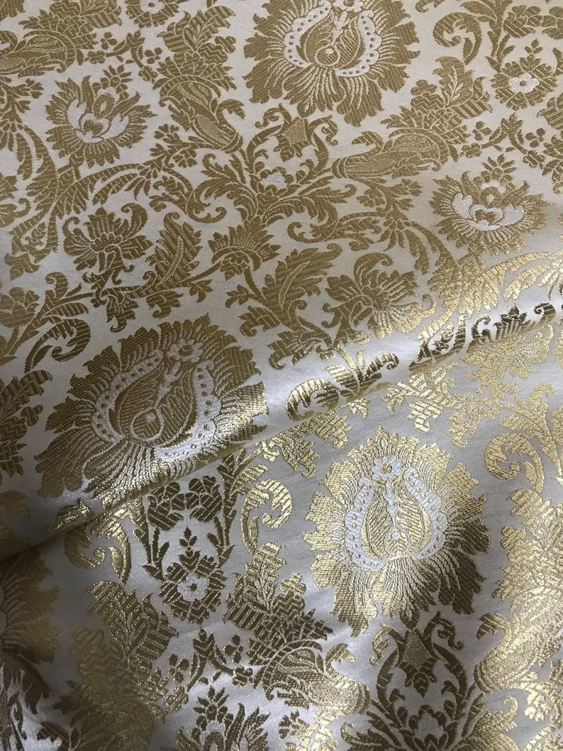 Gold Brocade fabric Jacquard damask fabric White Wedding bridal fabric Home decor fabric silk dress Brocade Fabric by the yard- NFAF01