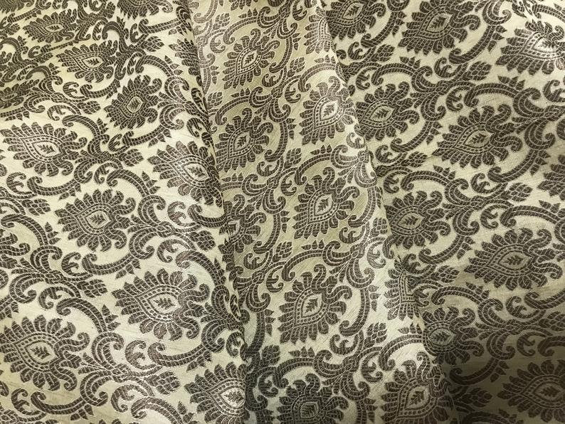Beige Banarasi Brocade fabric by the yard/meter Jacquard damask fabric Gift for her Wedding bridal fabric Satin silk Dress Fabric- NFAF149