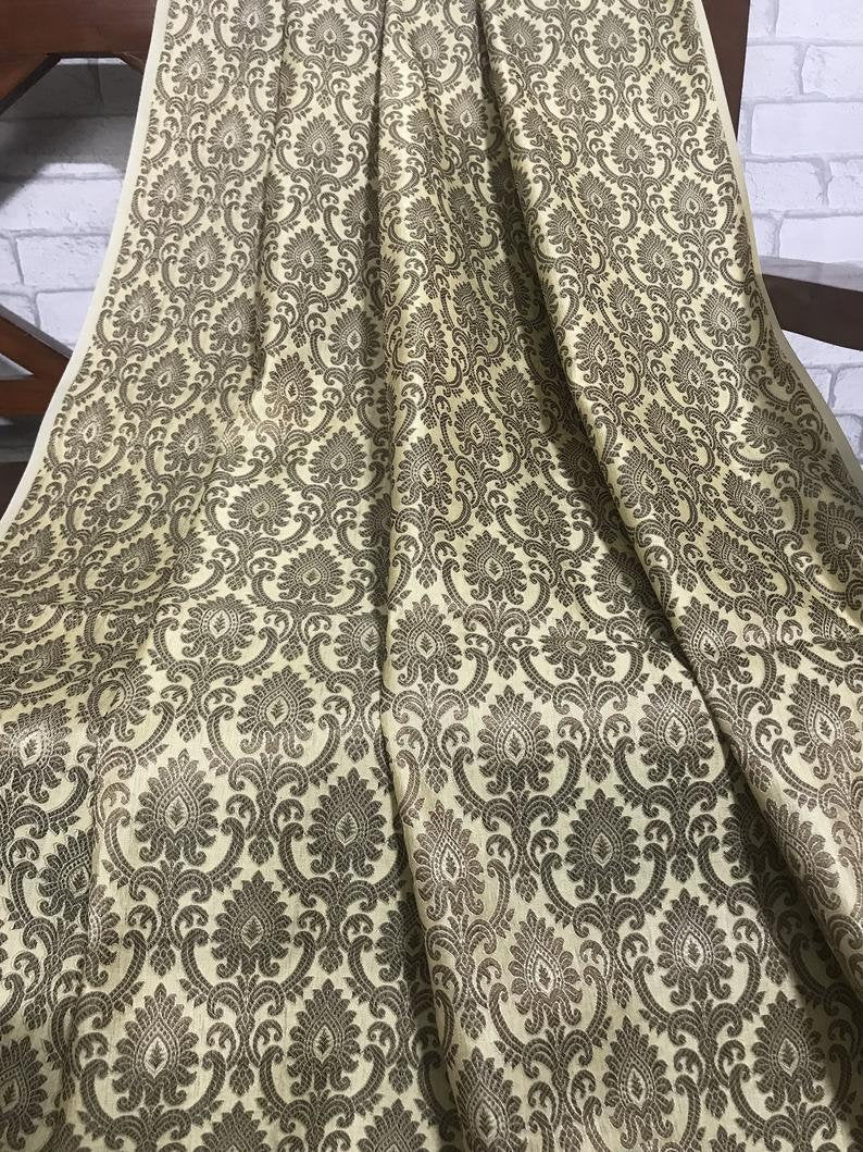 Beige Banarasi Brocade fabric by the yard/meter Jacquard damask fabric Gift for her Wedding bridal fabric Satin silk Dress Fabric- NFAF149