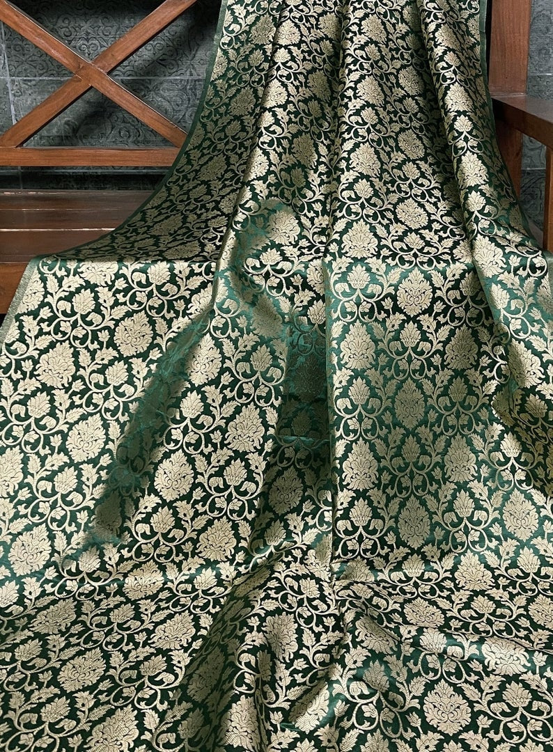 Banarasi brocade fabric, Green gold rayon silk brocade fabric, Wedding inspiration, Home décor fabric, Metallic brocade, Historical fabric - NFAF794