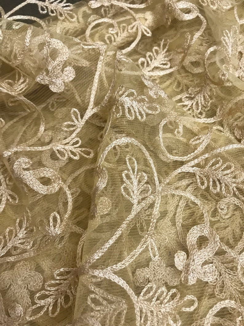 Beige Embroidered Fabric, Tulle mesh fabric, Embroidery design, Thread embroidery, Floral design, Bridesmaid dress, Wedding inspiration - NFAF233