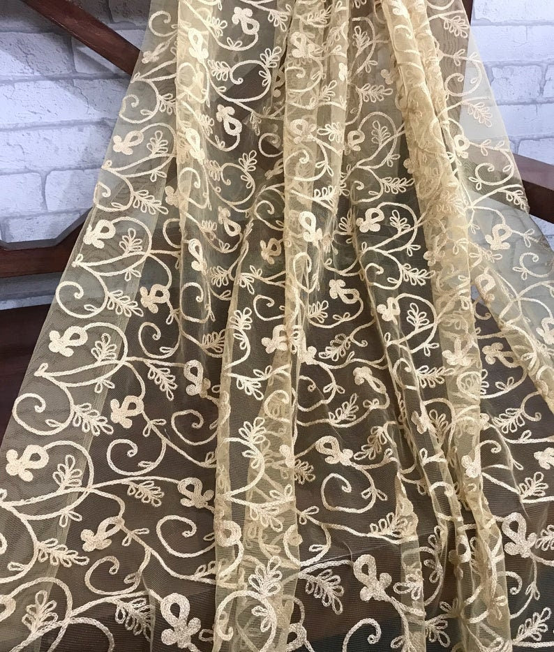 Beige Embroidered Fabric, Tulle mesh fabric, Embroidery design, Thread embroidery, Floral design, Bridesmaid dress, Wedding inspiration - NFAF233