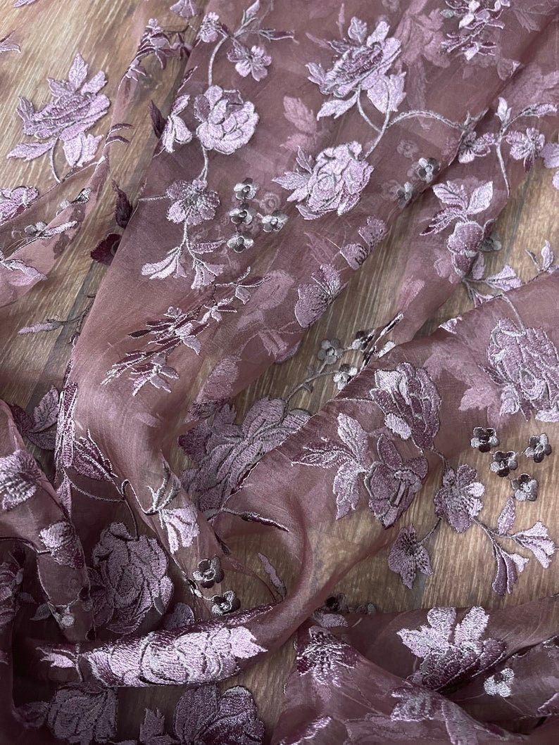 Embroidered Fabric, Floral design, Thread embroidery, Indian fabric, Haute couture, Bridesmaid dress, Handmade, Organza fabric - NFAF394