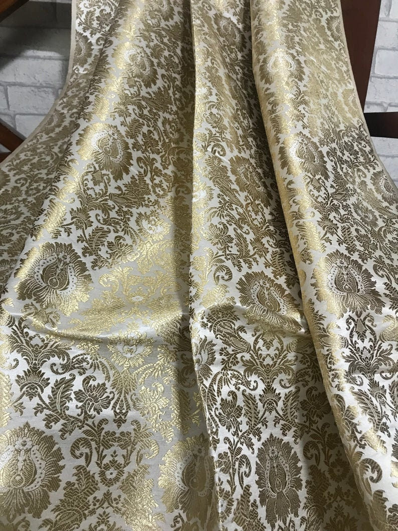 Gold Brocade fabric Jacquard damask fabric White Wedding bridal fabric Home decor fabric silk dress Brocade Fabric by the yard- NFAF01