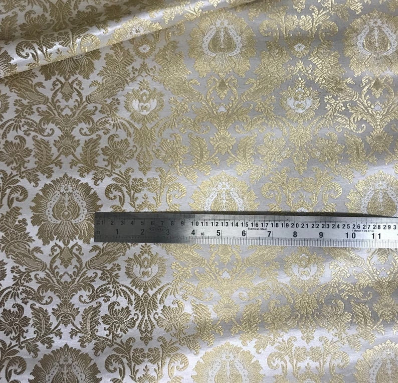 Gold Brocade fabric Jacquard damask fabric White Wedding bridal fabric Home decor fabric silk dress Brocade Fabric by the yard- NFAF01