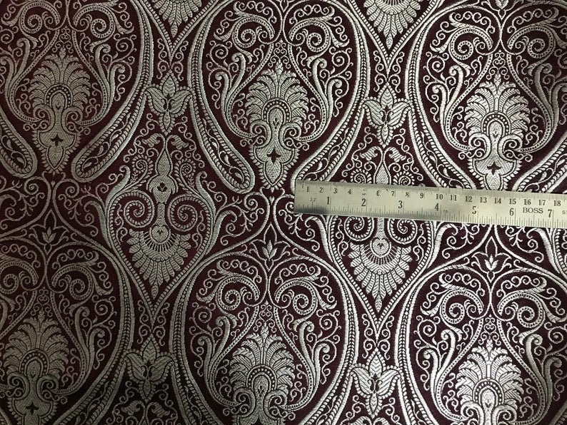 Brocade fabric Burgundy Silver Jacquard fabric Home décor fabric Dress Material fabric Festival Silk Fabric Fabric by the yard - NFAF40