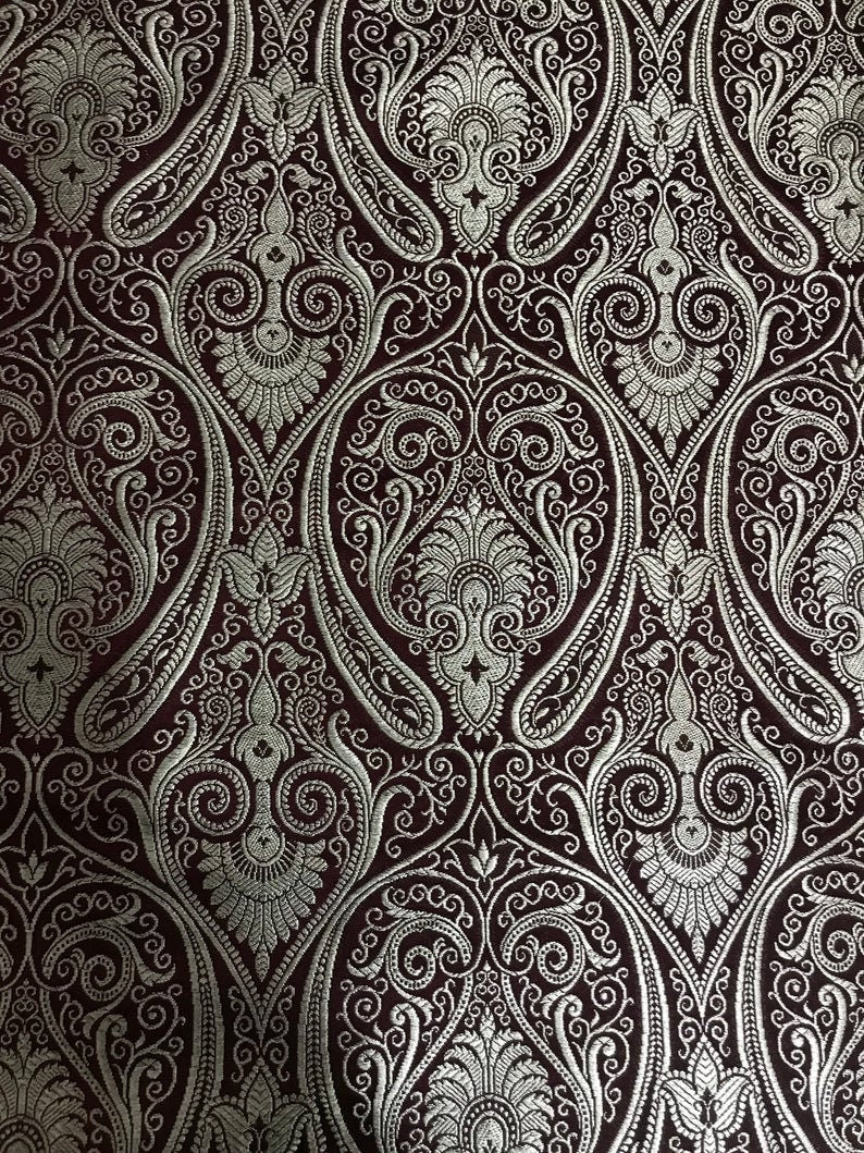 Brocade fabric Burgundy Silver Jacquard fabric Home décor fabric Dress Material fabric Festival Silk Fabric Fabric by the yard - NFAF40