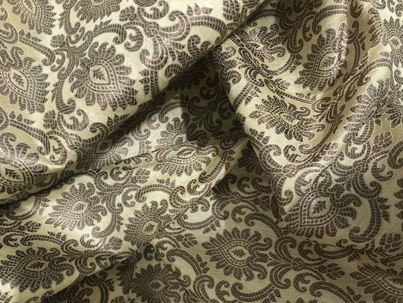 Beige Banarasi Brocade fabric by the yard/meter Jacquard damask fabric Gift for her Wedding bridal fabric Satin silk Dress Fabric- NFAF149