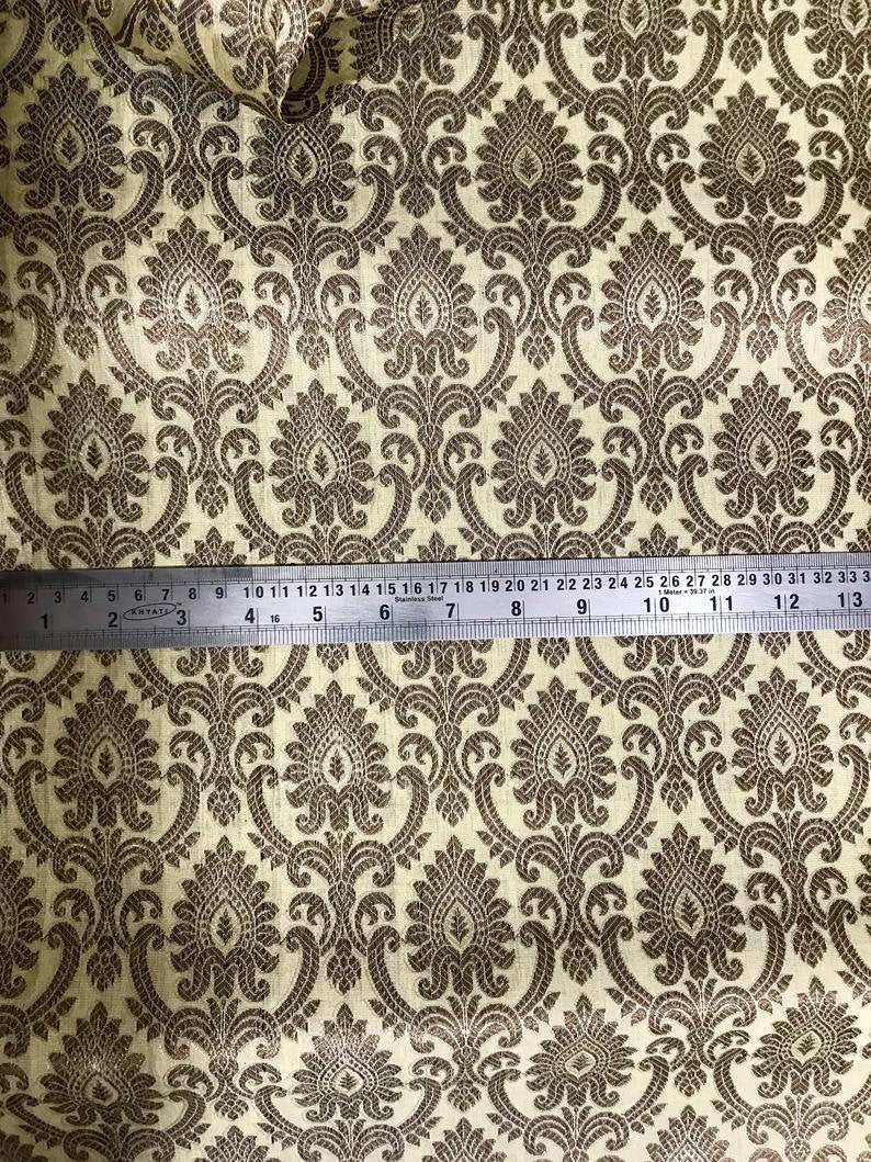Beige Banarasi Brocade fabric by the yard/meter Jacquard damask fabric Gift for her Wedding bridal fabric Satin silk Dress Fabric- NFAF149