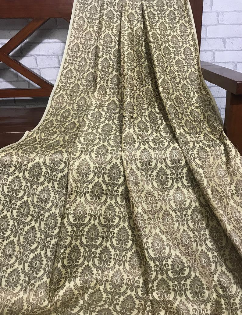 Beige Banarasi Brocade fabric by the yard/meter Jacquard damask fabric Gift for her Wedding bridal fabric Satin silk Dress Fabric- NFAF149