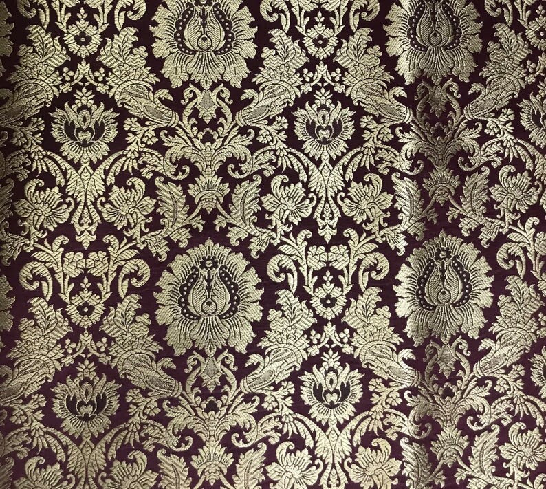 Gold Brocade Fabric Maroon Jacquard fabric Brokat Tissu Wedding bridal dress material Indian Wedding Brocade by the Yard Home Decor Fabric