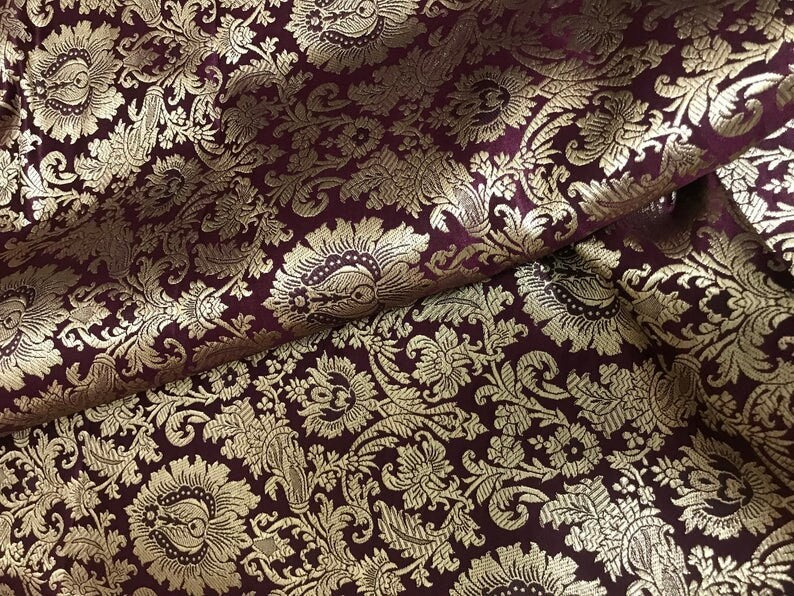 Gold Brocade Fabric Maroon Jacquard fabric Brokat Tissu Wedding bridal dress material Indian Wedding Brocade by the Yard Home Decor Fabric