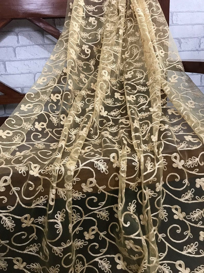 Beige Embroidered Fabric, Tulle mesh fabric, Embroidery design, Thread embroidery, Floral design, Bridesmaid dress, Wedding inspiration - NFAF233