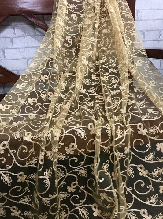 Beige Embroidered Fabric, Tulle mesh fabric, Embroidery design, Thread embroidery, Floral design, Bridesmaid dress, Wedding inspiration - NFAF233