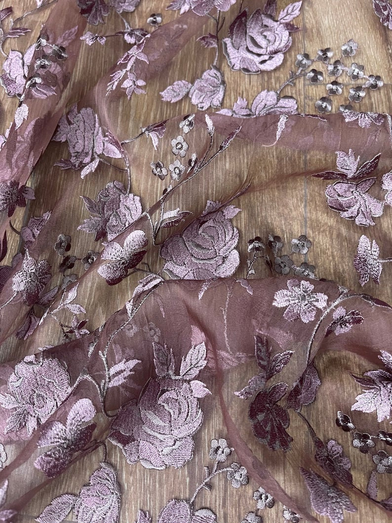 Embroidered Fabric, Floral design, Thread embroidery, Indian fabric, Haute couture, Bridesmaid dress, Handmade, Organza fabric - NFAF394